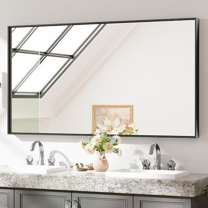 Keonjinn Black Framed Bathoom Mirror 55 x 30 Inch Large Rectangle Vanity Wall Mirror for Over Sink Metal Frame Rectangular Bathroom Mirror Brushed Black Modern Farmhouse Mirror(Horizontal/Vertical)