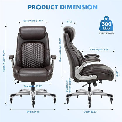 COLAMY Office Ergonomic Desk High Back Executive Chair with Pop-Out Lumbar Support, Upgraded Casters, Adjustable Headrest, Flip-Up Arms, Leather Home with Thick Cushion for Comfort - Brown