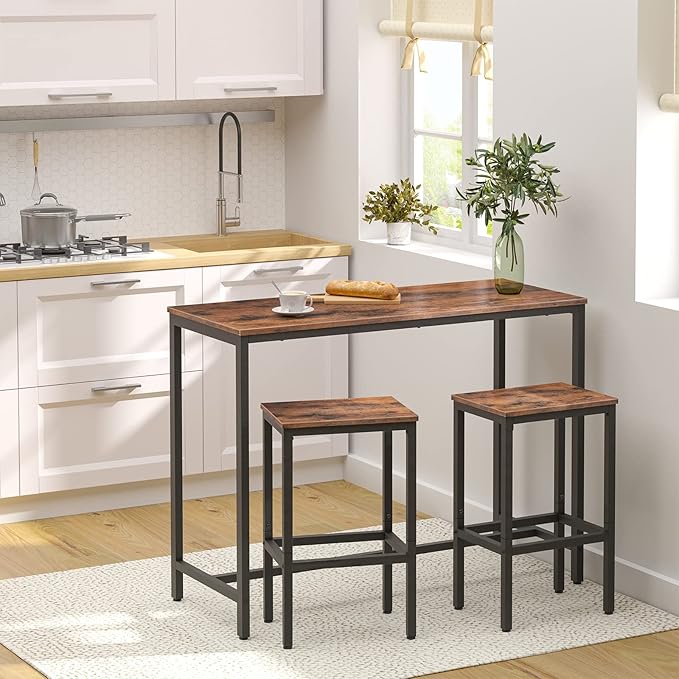 HOOBRO Bar Stools, Set of 2 Bar Chairs with Footrest, Black Steel Frame, Adjustable Feet, for Living Room, Dining Room, Kitchen, Industrial Design, Rustic Brown BF65BY01G1