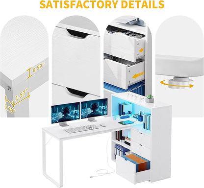 DWVO L Shaped Desk with Drawers, 55" Corner Computer Desk with Bookshelf & Power Outlets & LED Lights, Home Office Desk with Storage Shelves, White