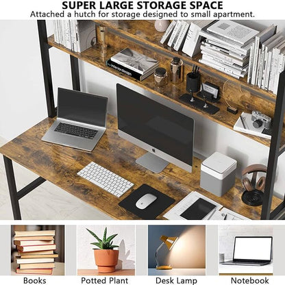 Aquzee Computer Desk with Hutch Bookshelves, 55 Inch Home Office Writing Desk with Space Saving Design, Gaming Table Organized Desk with Storage Shelves Bookshelf Easy Assemble, Rustic Brown