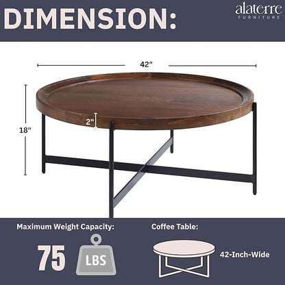 Brookline Solid Acacia Wood 42-Inch Round Coffee Table with Black Powder-Coated Metal Legs – Rustic Industrial Modern Farmhouse Living Room Furniture by Alaterre