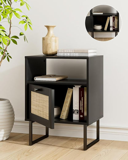 Rattan Nightstand, Boho Night Stand Farmhouse Wood Bedside Table with Storage and Open Shelf, End Side Accent Table for Bedroom,Living Room,Black