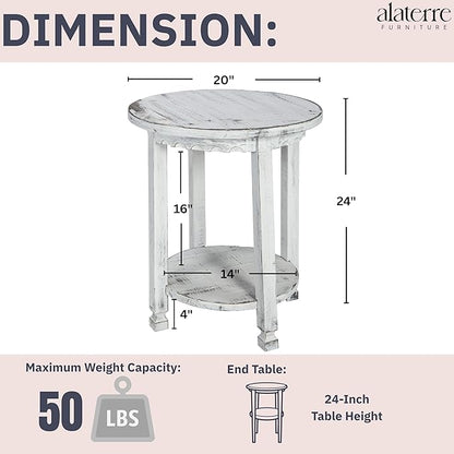 Rustic Cottage Round End Table w/ 1 Shelf, White Antique, 20" x 20" x 24", Farmhouse Style - Unique Accent Piece, Constructed of Select Hardwoods/Composite Wood, End Table w/ Drawer & Shelf