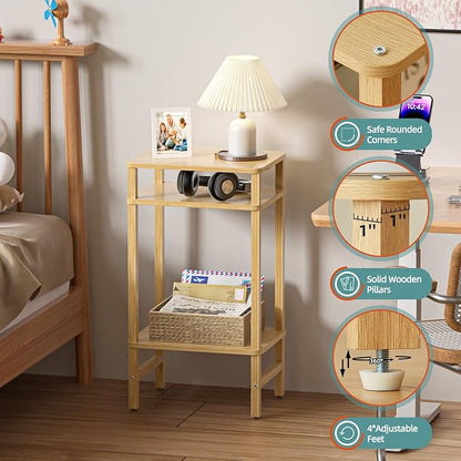28in Tall Bamboo Side Table Set of 2, 3-Tier Small Narrow End Table for Couch, Skinny Nightstand for Small Space, Farmhouse Slim Night Stand with Storage, Wooden Thin Bedside Table, Natural