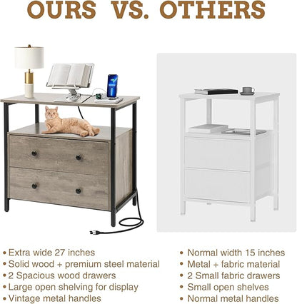 27 inch Wide Nightstand with Charging Station, Bedside Table with Open Shelf, 2 Drawers Small Wood Dresser, End Side Table for Bedroom (2 Pack,Rustic Gray)