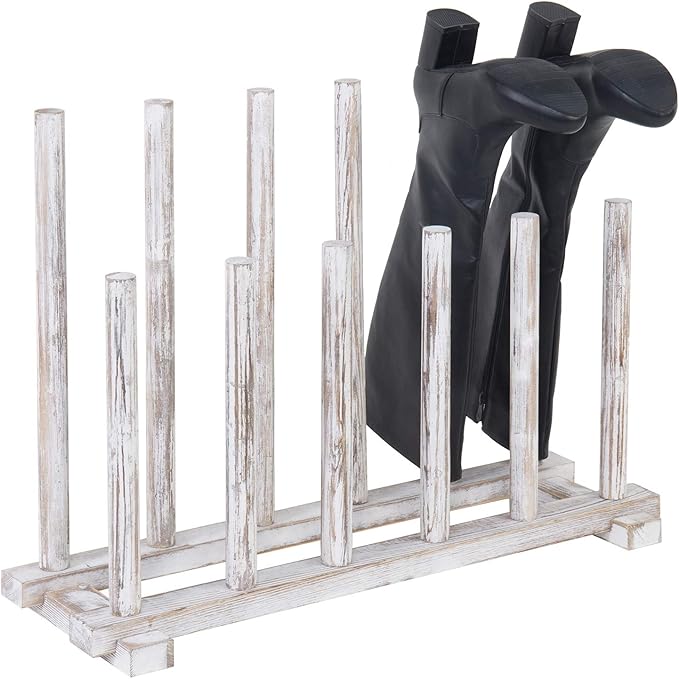 MyGift Shabby Whitewashed Wood Boot Rack Organizer Tall Boots Inverter Holder - Holds up to 6 Pairs