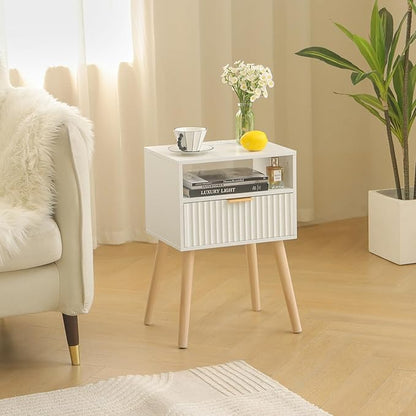 White Nightstand with Charging Station, Modern Bedside Table with Drawer and Solid Wood Legs, Fluted End Side Table for Bedroom, Dorm and Small Space (White)