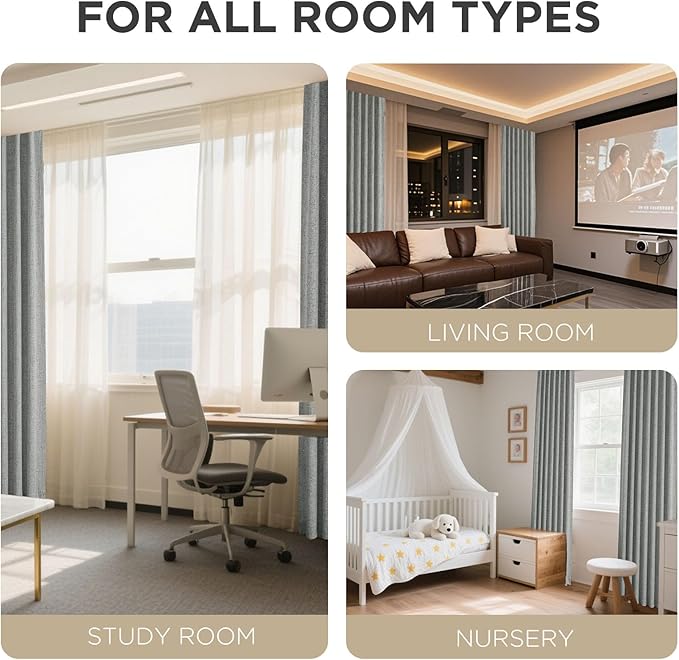 Joydeco 100% Blackout Curtains for Bedroom - Natural Linen Curtains 52" W x 90" L Long, Thermal Insulated 2 Panels Light Grey. Room Darkening Light Blocking Drapes for Living Room