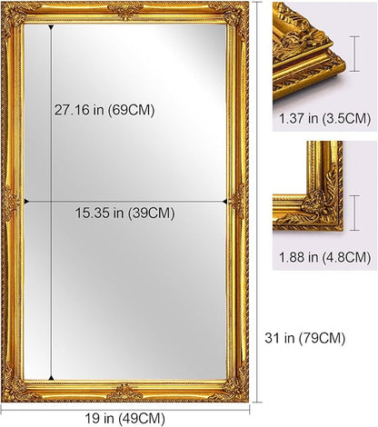 Vintage Wall Mirror, 31" x 19" Decorative Antique Mirror for Bathroom, Entryway, Bedroom with Gold Ornate Baroque Wood Frame
