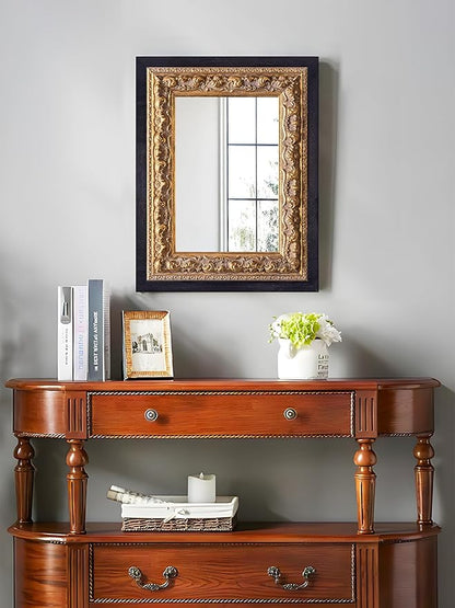 Small French Antique Mirror, 14”x11” Black Vintage Table Mirror for Vanity with Handmade Aging Foil Flower Petal Carvings Wooden Frame (Black and Gold, 14”x11”)