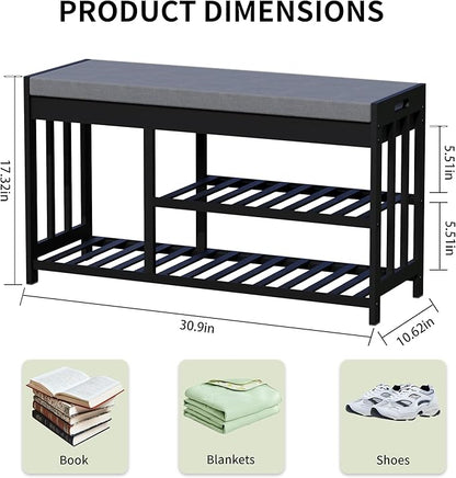 Shoe Rack Bench with Cushion,2 Tiers Shoe Bench with Flip-Top Storage,Wood Shoe Rack for Entryway, Hallway, Bedroom, Front Door Entrance (Black)