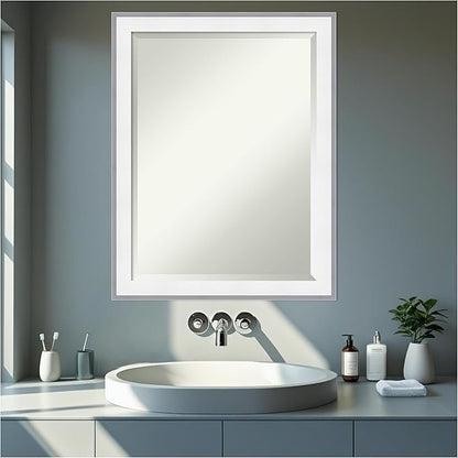 Amanti Art Bathroom Mirror for Over Sink, 27x21 Maya White Silver Rectangle Vanity Mirror, Medium Modern Contemporary Frame, Hangs Horizonally and Vertically, Bathroom Wall Decor, Beveled Edge