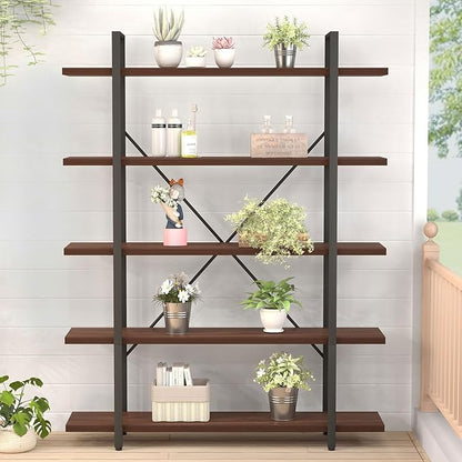 HSH Walnut 5 Tier Bookshelf, Tall Bookcases and Book Shelves 5 Shelf, Large Industrial Metal Wood Display Book Shelf Storage Rack, Rustic Open Bookcase Bookshelves for Bedroom Living Room Office