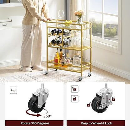 Bar Cart for Home, 3-Tier Serving Cart with Wheels and Handle, Beverage Cart with Wine Rack and Glass Holders, Rolling Wine Cart for Kitchen, Dining Room, Gold RCJ61B01