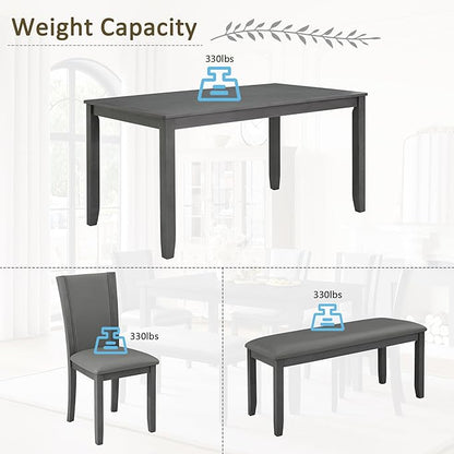 soges 6-Piece Large Dining Table Set with Leather Bench and Chairs, Wooden Dining Table Chairs Set for 6, Modern 6 Person Dining Room Set, Grey