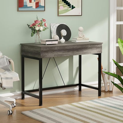 CAIYUN 40Inch Small Desk with 2 Wooden Drawers,Vanity Desks for Home Office with Storage, Simple Computer Desk for Small Space,Desk for Bedroom, Modern Writing Work Kids Study Desk Table, Grey Oak