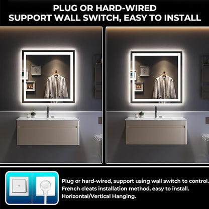 36x36 Inch LED Bathroom Mirror with Lights Front and Backlit Lighted Vanity Mirror for Bathroom Wall with 3 Colors Dimmable Anti-Fog Memory Shatter-Proof IP54 Waterproof Horizontal/Vertical