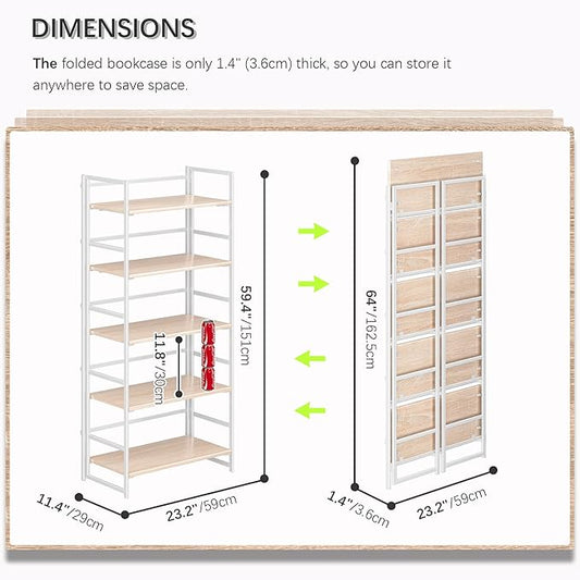4NM No Assembly 5 Tiers Book Shelves, White Folding Bookshelf Bookcase Open Industrial Foldable Shelves for Bedroom, Living Room, Home Office - Natural White