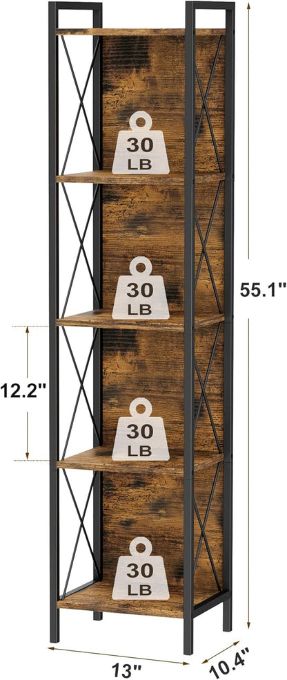 Homhedy 5 Tier Bookshelf Bookcase, Tall Narrow Bookshelf for Small Space, Metal Storage Shelves with Back Panel, for Home Office, Living Room, Kitchen, Bedroom, Industrial Style, Rustic Brown