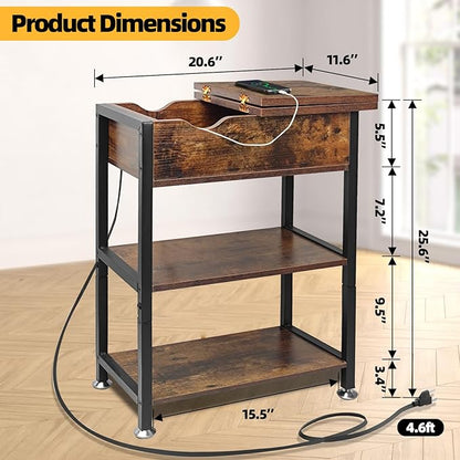 TooCust Flip Top End Table with Hidden Charging Station - 12" D×21" W×26" H Small Side Tables with Storage & Shelves, Compact Side Table for Small Spaces, Slim End Table with Charging Station, Brown
