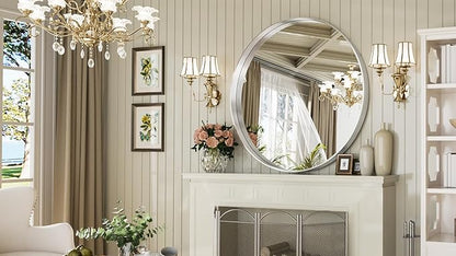 Suidia 30" x 30" Bathroom Mirror, Bathroom Vanity Mirror Metal Framed, Wall-Mounted Mirrors for Bedroom, Living Room, Entryway, Hallway, Silver, Round Style