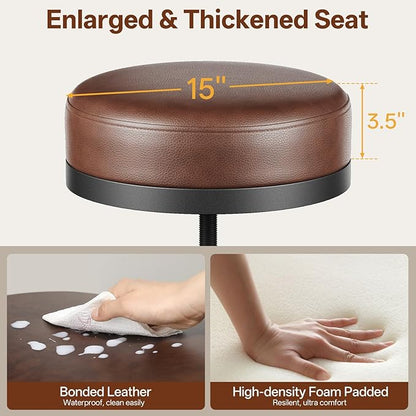 Adjustable Height Swivel Bar Stools Set of 3, 22-29 Inch Industrial Vintage Bar Counter Height Stools with Thicken Premium Bonded Leather Seats & Updated Footrests, Easy Assembly, Brown