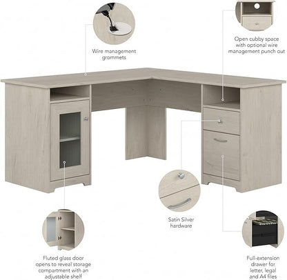Bush Furniture Cabot 60W L Shaped Computer Desk in Linen White Oak