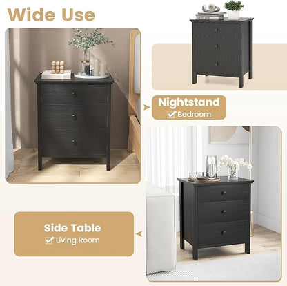 KOMFOTT 3 Drawers Nightstand, Wooden Bedside Table, Modern Sofa Side End Table, Space-Saving Telephone Table, Chest of Drawers for Living Room, Bedroom & Office (1, Black)