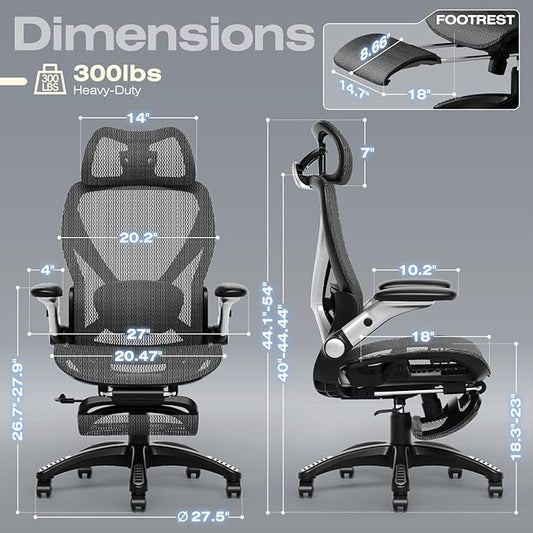 ELABEST X100 Ergonomic Office Chair with Footrest, Big and Tall Home Desk Chair with 5D Flip-Up Arms, Adjustable 3D Lumbar Support,High Back Rolling Computer Chair, Swivel Mesh Chairs (Midnight Mist)