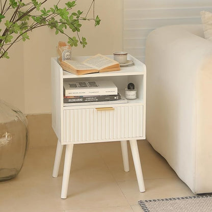 AWASEN White Nightstand, Modern Bedside Table with Fluted Drawers, Small Night Stand Bed Side Table with Solid Wood for Living Room, Bedroom, Office and Small Space (White)