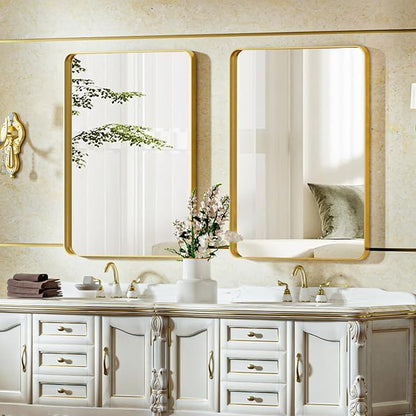 Bathroom Mirror 24x32 inch, Gold Gorgeous Deep Frame Wall Mirror, Modern Round Corner Bathroom Vanity Mirror for Bedroom, Living Room, Hanging or Leaning Horizontal or Vertical, Gold