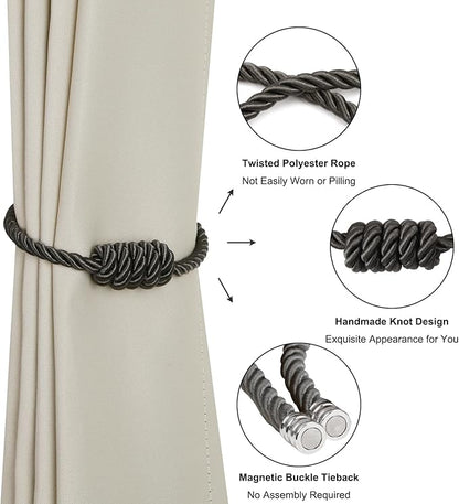 BEL AVENIR Magnetic Curtain Tiebacks, Decorative Drapery Holdbacks Modern Woven Tie-Backs with Exquisite Knot (Charcoal, 4 Pack)