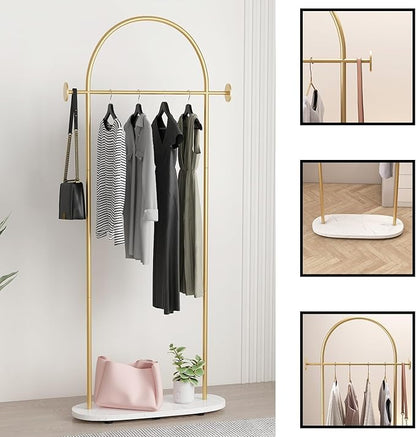 Gold Clothing Rack, Modern Clothes Rack with Shelf, Heavy Duty Freestanding Coat Rack, Metal Coat Hanger Stand with Hooks for Boutique Office