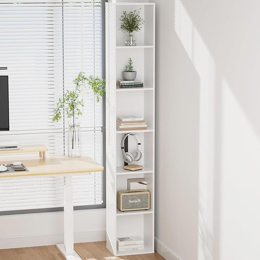 Tall Narrow Bookshelf 6-Tier Bookcase,70.5" Skinny Thin Corner Shelf Slim Storage Cabinet,Wood DVD CD Media Cube Organizer Tower Rack for Small Spaces, Bedroom, Living Room, Office,White