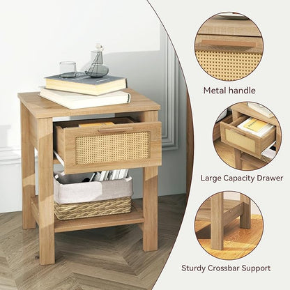 IBUYKE Rattan Nightstand Set of 2, Boho Night Stand with Drawer, Wood Bedside Tables with Storage Shelf, End Table with Legs for Bedroom, Natural UWNS011N-2