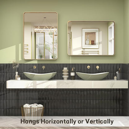 24x36 Inch Gold Framed Bathroom Mirror, Brushed Gold Metal Vanity Mirror, Gold Rectangle Mirror for Wall, Rounded Corner, Tempered Glass, Anti-Rust, Shatterproof (Horizontal/Vertical)