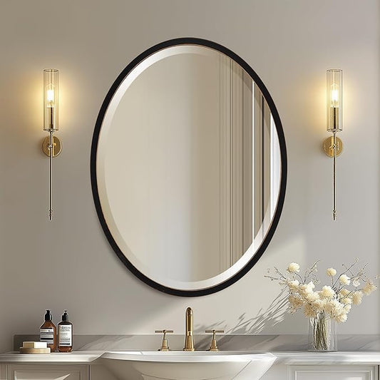 OVALCREST - Oval Wooden Beveled Wall Mirror for Home Decor, Bathroom, Vanity, Bedroom, Living Room, Hallway - London Style (Rubbed Black) 17.1 x 21.1