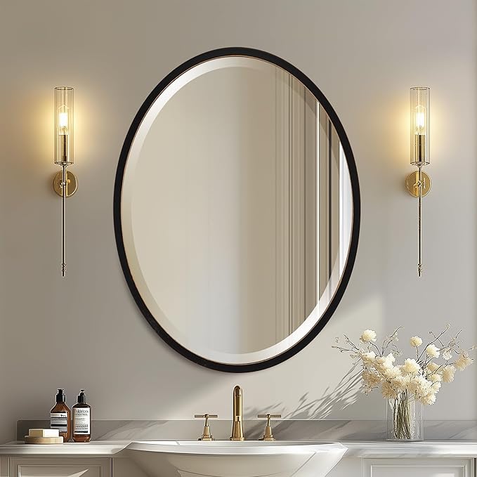 OVALCREST - Oval Wooden Beveled Wall Mirror for Home Decor, Bathroom, Vanity, Bedroom, Living Room, Hallway - London Style (Rubbed Black) 31.1 x 41.1