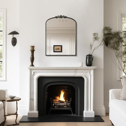 WallBeyond Gold Vintage Arched Wall Mirror, 24x32 Inch, Black Iron Frame, Bathroom, Living Room, Entryway