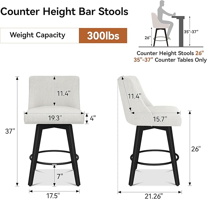 Counter Height Bar Stools Set of 4, Modern Swivel Barstools with Back and Wood Legs, Linen Fabric Upholstered Bar Chairs, 26" H Kitchen Counter Stools, Kitchen Island Home Bar, Ivory