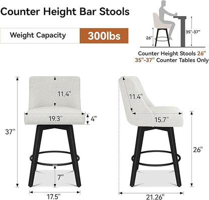 Counter Height Bar Stools Set of 4, Modern Swivel Barstools with Back and Wood Legs, Linen Fabric Upholstered Bar Chairs, 26" H Kitchen Counter Stools, Kitchen Island Home Bar, Ivory