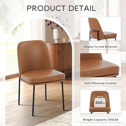 COLAMY Modern Dining Chairs Set of 2, Faux Leather Upholstered Kitchen Chairs with Curved Back & Metal Legs, Mid-Century Dining Room Chair (Brown)