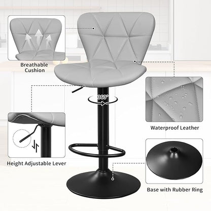 Bar Stools Set of 2, Adjustable Swivel Bar Chairs with Shell Back, PU Leather Counter Height Bar Stools for Kitchen lsland, Light Grey