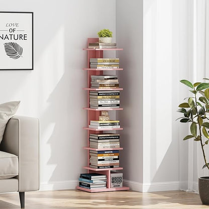 TUTOTAK Bookshelf, 8-Tier Bookcase, Narrow Spine Book Shelf for Small Space, Corner Standing Shelf for Living Room, Office, Study, Entryway, Pink BS06BP008
