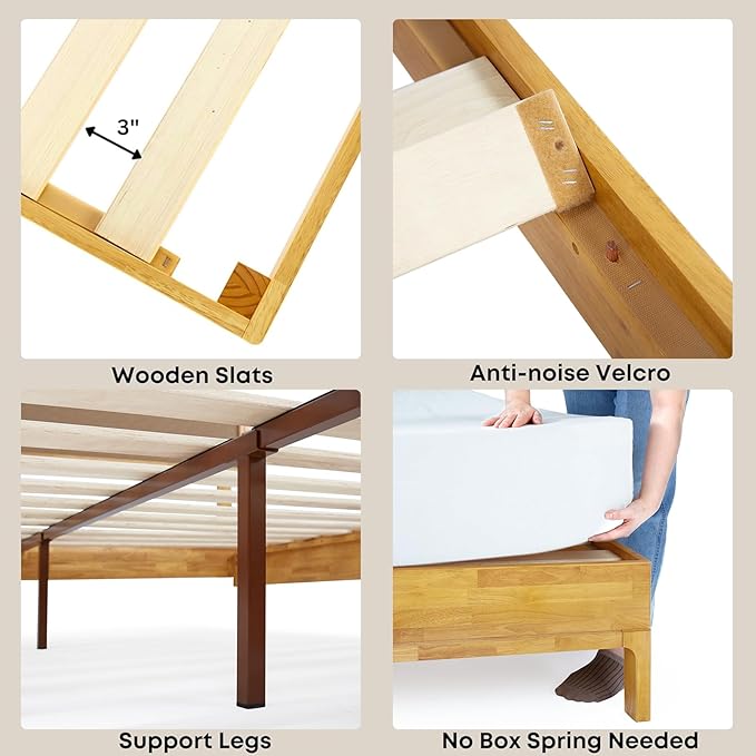 Bme Nipe 14 Inch Bohemian Bed Frame with Adjustable Woven Headboard - Rustic & Vintage Unique Style with Acacia Wood - No Box Spring Needed - Easy Assembly - Full, Natural