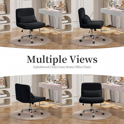 Warmiehomy Criss Cross Office Chair with Wheels, Velvet Cross-Legged Desk Chairs for Home, Height Adjustable Swivel Wide Seat Computer Chair, Morden Vanity Chair for Women, Black