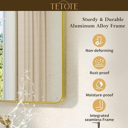 TETOTE Gold Mirrors for Wall 30 x 36 Inch Brushed Gold Bathroom Mirrors, Tempered Glass, Modern Farmhouse Wall Mounted Mirror for Decorative(Horizontal/Vertical)