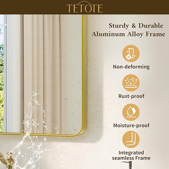 TETOTE Gold Bathroom Mirror 40 x 30 Inch Brushed Gold Metal Framed Vanity Mirror, Tempered Glass, Wall Mounted for Bathroom, Entryway, Bedroom, Living Room(Horizontal/Vertical)