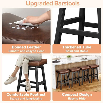 29 Inches Bar Stools Set of 2, Bar Height Barstools for Home Counter, Blackless Barstool with Bonded Leather Saddle Seats & Heavy Duty Metal Legs, Easy Assembly, Brown/Black